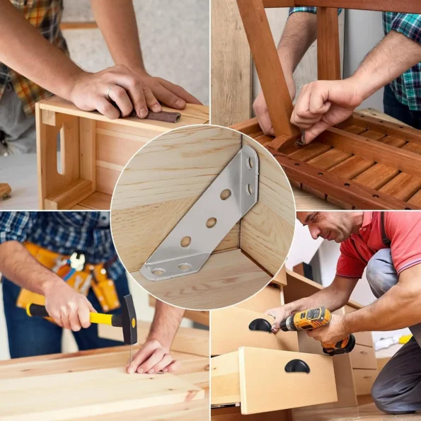 Compact stainless steel corner brace for space-saving installation, ideal for small-scale DIY projects and tight corners