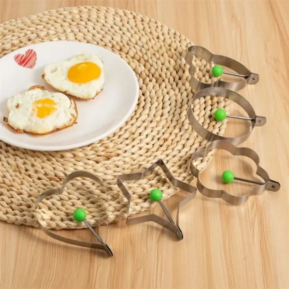 Multi-shape stainless steel egg molds for creative breakfasts, adding fun designs like hearts, stars, and circles to your meals