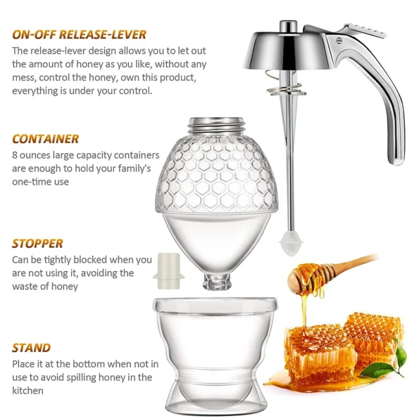 Transparent glass honey dispenser showing honey level clearly