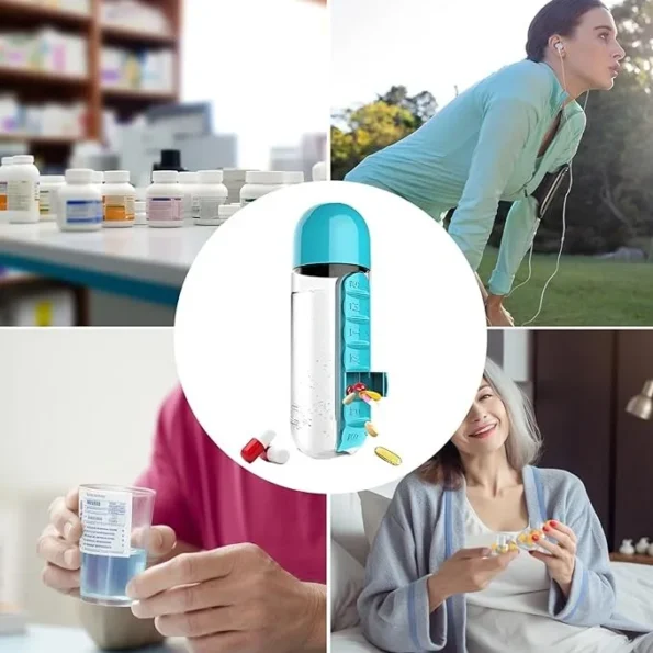 Space-saving pill organizer water bottle for small bags and backpacks, compact design ideal for minimalist storage and everyday carry