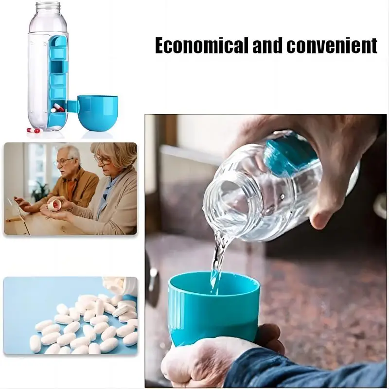 Bouteille d'eau avec organiseur de pilules pour les personnes âgées et les patients en soins chroniques, simplifiant les routines de médication tout en encourageant une hydratation adéquate