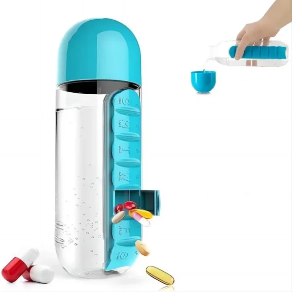 Eco-friendly pill organizer water bottle for sustainable living, reducing single-use plastic bottles while promoting health and wellness