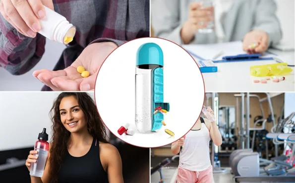 Idée cadeau : bouteille d'eau avec organiseur de pilules pour les proches soucieux de leur santé, un présent réfléchi et pratique pour quiconque gère des médicaments